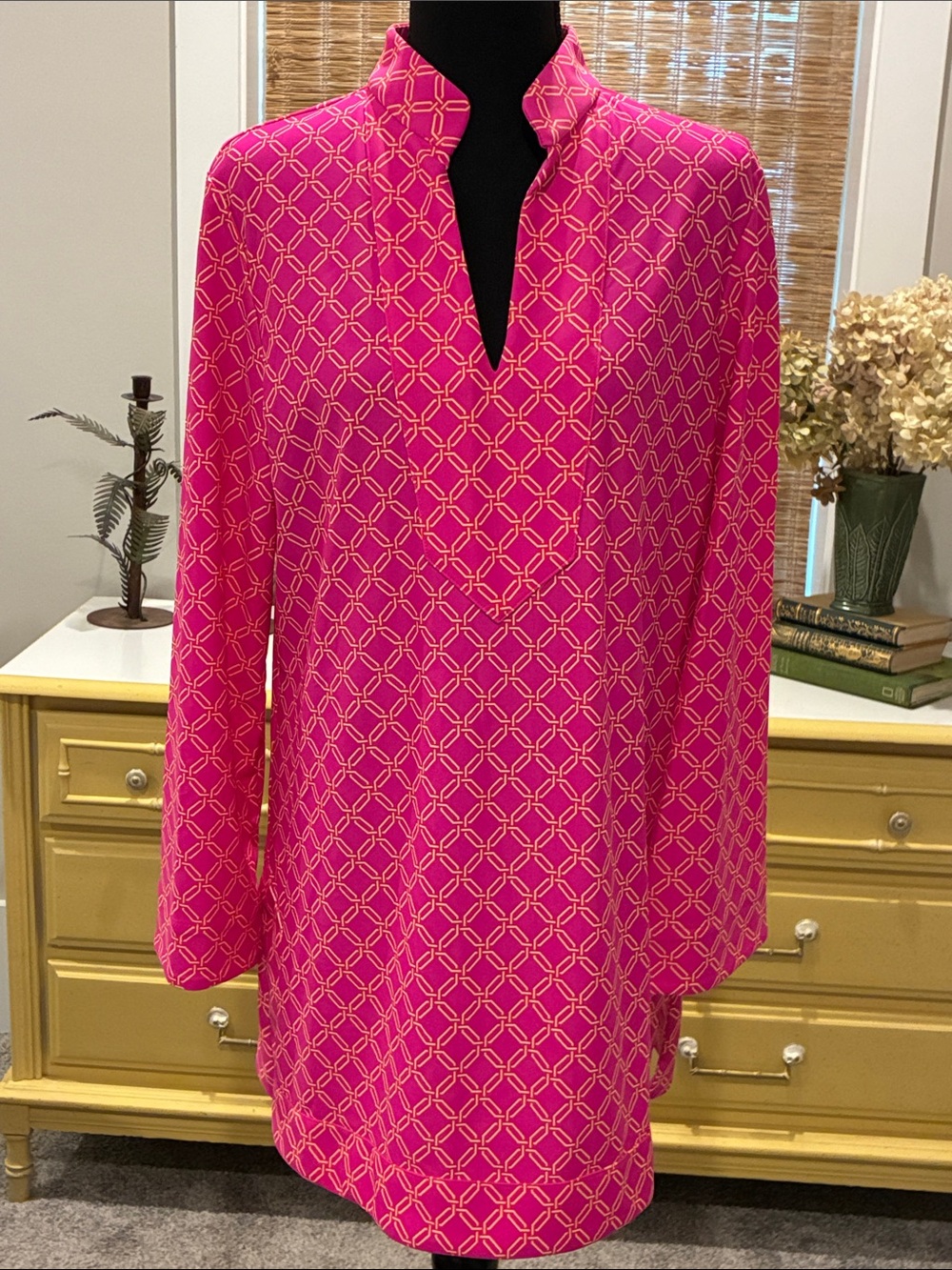 Jude Connally Dress in Pink and Orange Geometric pattern